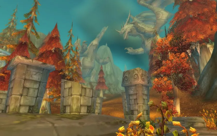 Highborne ruins and dragon statues inside the crater.